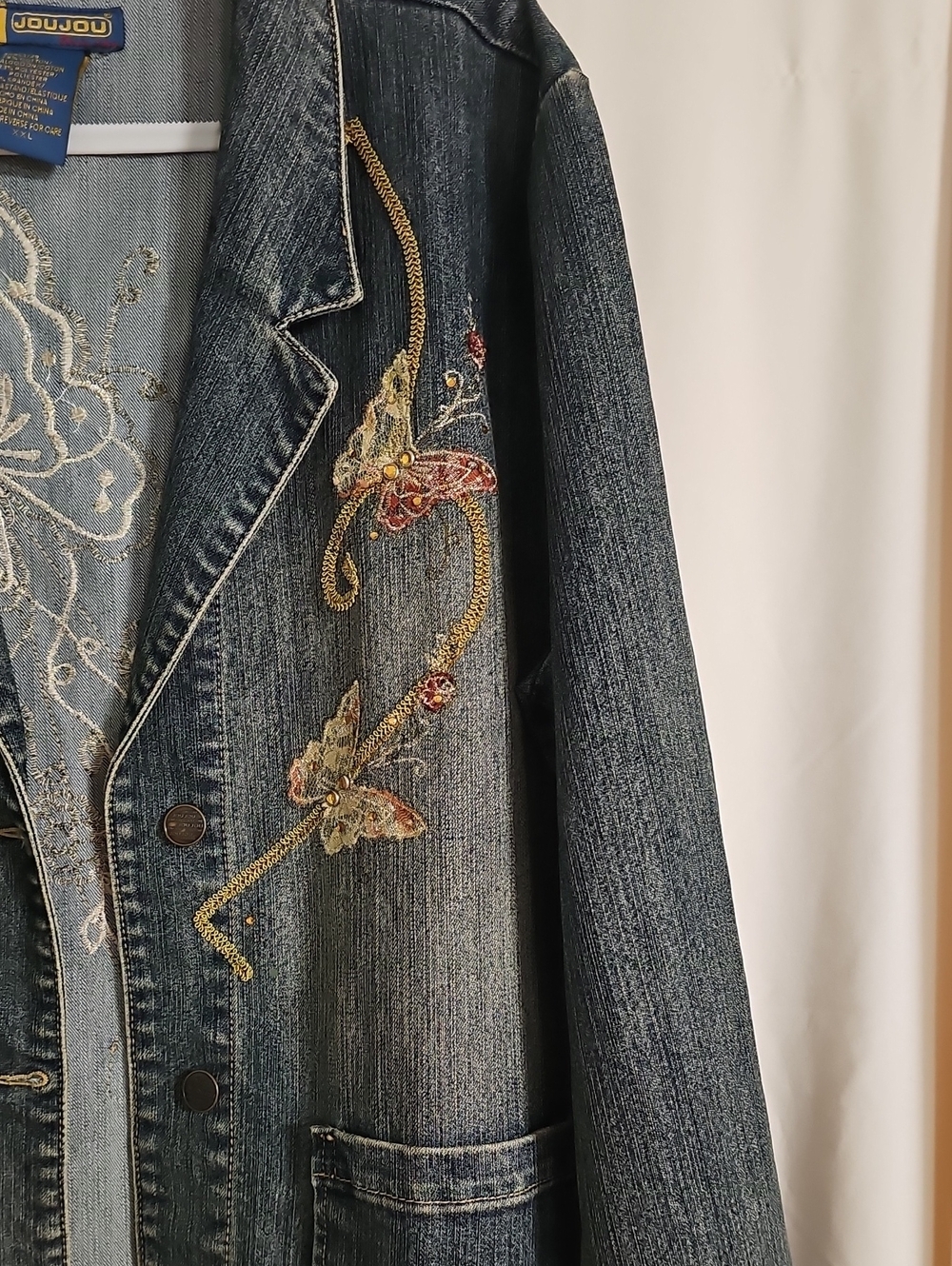Jou Jou Embroidered  Butterfly Denim Blazer Jacket in Faded Blue - Picture 2 of 7